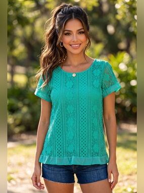 🌟W032. Chic Teal Lace Short Sleeve Top